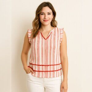 Crown & Ivy Womens RickRack Trim Top Red White Stripe Ruffle Sleeve Size L